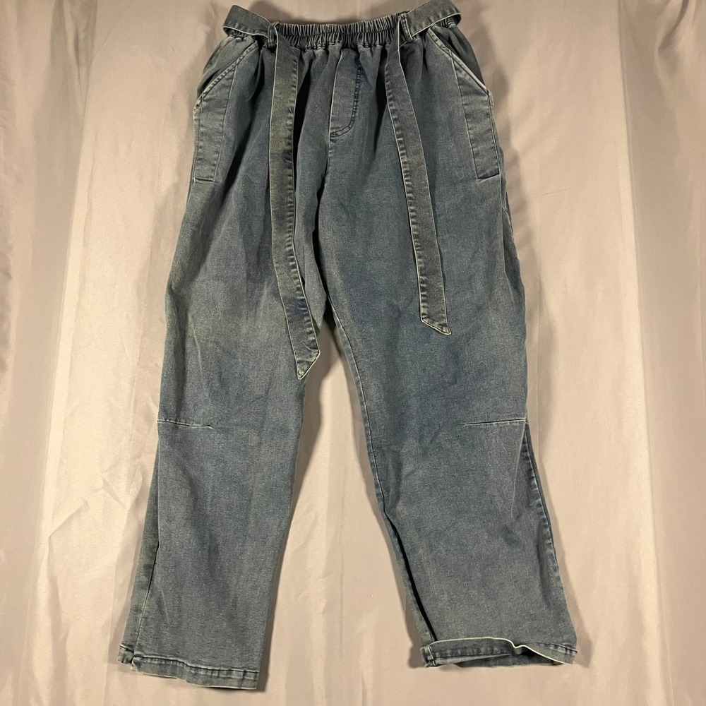 KIDORIMAN Mens 3XL Denim Cargo Pants Belted Elastic Waist Wide Leg Casual